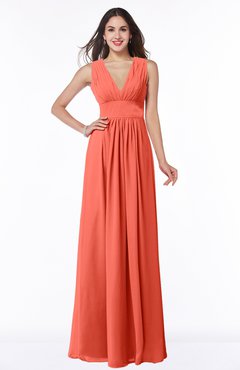 ColsBM Bonnie Living Coral Traditional V-neck Zip up Chiffon Floor Length Ruching Plus Size Bridesmaid Dresses