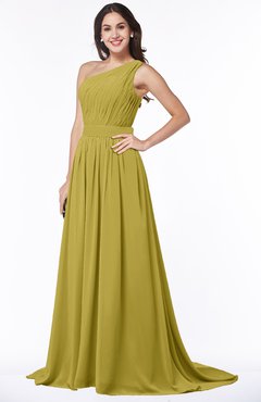 ColsBM Kiana Golden Olive Gorgeous Zipper Chiffon Sweep Train Pleated Evening Dresses