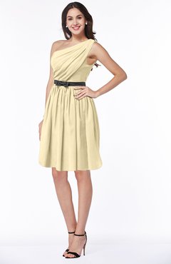 ColsBM Avalyn Cornhusk Glamorous One Shoulder Sleeveless Half Backless Knee Length Sash Plus Size Bridesmaid Dresses