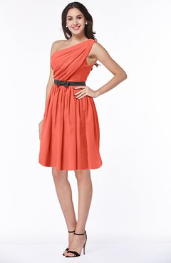 ColsBM Avalyn Living Coral Glamorous One Shoulder Sleeveless Half Backless Knee Length Sash Plus Size Bridesmaid Dresses