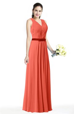 ColsBM Judith Living Coral Traditional V-neck Sleeveless Chiffon Floor Length Ruching Plus Size Bridesmaid Dresses