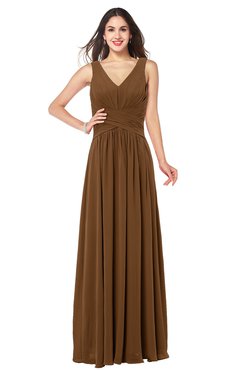 ColsBM Lucia Brown Sexy A-line V-neck Zipper Floor Length Ruching Plus Size Bridesmaid Dresses