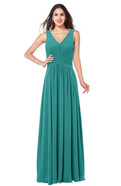 ColsBM Lucia Emerald Green Sexy A-line V-neck Zipper Floor Length Ruching Plus Size Bridesmaid Dresses