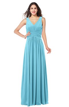 ColsBM Lucia Light Blue Sexy A-line V-neck Zipper Floor Length Ruching Plus Size Bridesmaid Dresses