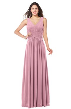 ColsBM Lucia Light Coral Sexy A-line V-neck Zipper Floor Length Ruching Plus Size Bridesmaid Dresses