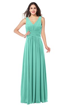 ColsBM Lucia Mint Green Sexy A-line V-neck Zipper Floor Length Ruching Plus Size Bridesmaid Dresses