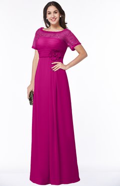 ColsBM Amanda Hot Pink Traditional Short Sleeve Zip up Chiffon Floor Length Flower Bridesmaid Dresses