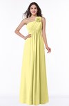 ColsBM Jennifer Pastel Yellow Antique One Shoulder Sleeveless Chiffon Floor Length Ruching Plus Size Bridesmaid Dresses