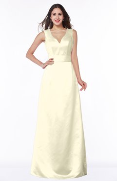 ColsBM Faye Bleached Sand Luxury A-line V-neck Sleeveless Satin Sash Wedding Guest Dresses