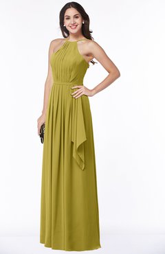 ColsBM Jasmine Golden Olive Sexy Halter Sleeveless Zipper Chiffon Ruching Plus Size Bridesmaid Dresses