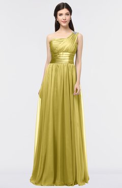 ColsBM Lyra Golden Olive Mature Asymmetric Neckline Zip up Floor Length Appliques Bridesmaid Dresses