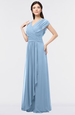 ColsBM Cecilia Dusty Blue Modern A-line Short Sleeve Zip up Floor Length Ruching Bridesmaid Dresses