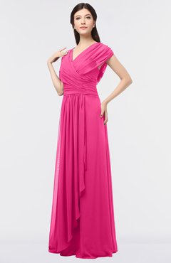 ColsBM Cecilia Fandango Pink Modern A-line Short Sleeve Zip up Floor Length Ruching Bridesmaid Dresses