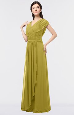 ColsBM Cecilia Golden Olive Modern A-line Short Sleeve Zip up Floor Length Ruching Bridesmaid Dresses