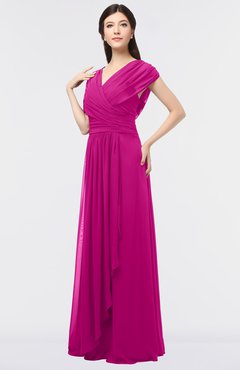 ColsBM Cecilia Hot Pink Modern A-line Short Sleeve Zip up Floor Length Ruching Bridesmaid Dresses
