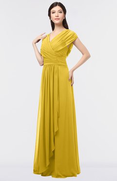 ColsBM Cecilia Lemon Curry Modern A-line Short Sleeve Zip up Floor Length Ruching Bridesmaid Dresses