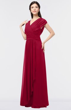 ColsBM Cecilia Maroon Modern A-line Short Sleeve Zip up Floor Length Ruching Bridesmaid Dresses