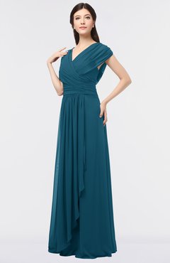 ColsBM Cecilia Moroccan Blue Modern A-line Short Sleeve Zip up Floor Length Ruching Bridesmaid Dresses
