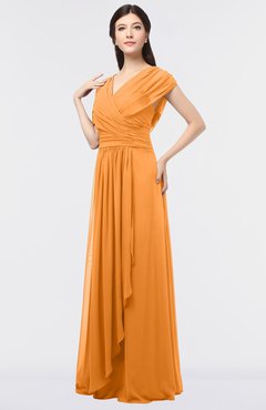ColsBM Cecilia Orange Modern A-line Short Sleeve Zip up Floor Length Ruching Bridesmaid Dresses