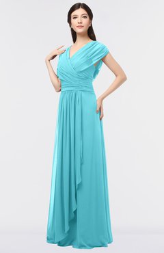 ColsBM Cecilia Turquoise Modern A-line Short Sleeve Zip up Floor Length Ruching Bridesmaid Dresses