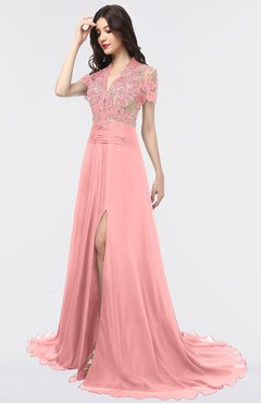 ColsBM Eliza Flamingo Pink Elegant A-line V-neck Short Sleeve Zip up Sweep Train Bridesmaid Dresses