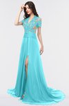 ColsBM Eliza Turquoise Elegant A-line V-neck Short Sleeve Zip up Sweep Train Bridesmaid Dresses