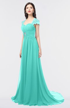 ColsBM Iris Blue Turquoise Mature A-line Sweetheart Short Sleeve Zip up Sweep Train Bridesmaid Dresses