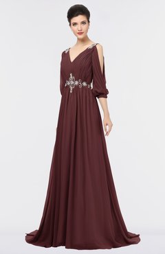 ColsBM Joyce Burgundy Mature A-line V-neck Zip up Sweep Train Beaded Bridesmaid Dresses