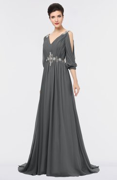 ColsBM Joyce Grey Mature A-line V-neck Zip up Sweep Train Beaded Bridesmaid Dresses