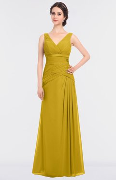 ColsBM Leona Lemon Curry Mature A-line V-neck Zip up Floor Length Ruching Bridesmaid Dresses