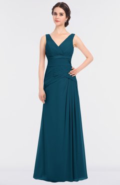 ColsBM Leona Moroccan Blue Mature A-line V-neck Zip up Floor Length Ruching Bridesmaid Dresses