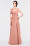 ColsBM Leona Peach Mature A-line V-neck Zip up Floor Length Ruching Bridesmaid Dresses