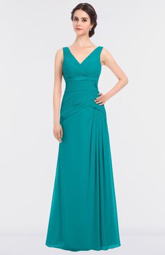 ColsBM Leona Teal Mature A-line V-neck Zip up Floor Length Ruching Bridesmaid Dresses