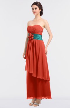ColsBM Johanna Living Coral Elegant A-line Sleeveless Zip up Ankle Length Ruching Bridesmaid Dresses