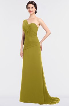 ColsBM Ruby Golden Olive Elegant A-line Asymmetric Neckline Sleeveless Zip up Sweep Train Bridesmaid Dresses