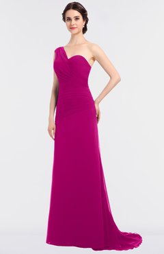ColsBM Ruby Hot Pink Elegant A-line Asymmetric Neckline Sleeveless Zip up Sweep Train Bridesmaid Dresses