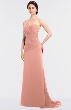 ColsBM Ruby Peach Elegant A-line Asymmetric Neckline Sleeveless Zip up Sweep Train Bridesmaid Dresses