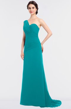 ColsBM Ruby Peacock Blue Elegant A-line Asymmetric Neckline Sleeveless Zip up Sweep Train Bridesmaid Dresses