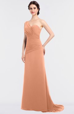 ColsBM Ruby Salmon Elegant A-line Asymmetric Neckline Sleeveless Zip up Sweep Train Bridesmaid Dresses