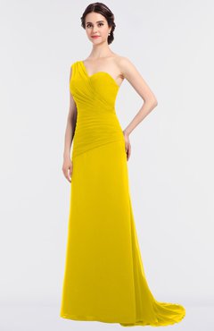 ColsBM Ruby Yellow Elegant A-line Asymmetric Neckline Sleeveless Zip up Sweep Train Bridesmaid Dresses