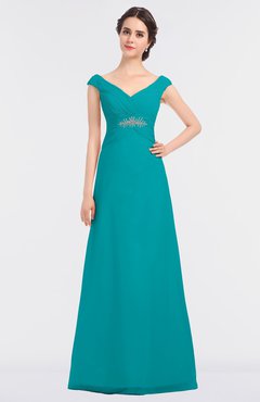 ColsBM Nadia Peacock Blue Elegant A-line Short Sleeve Zip up Floor Length Beaded Bridesmaid Dresses