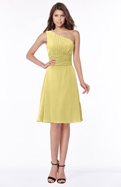 ColsBM Lilyana Misted Yellow Romantic One Shoulder Chiffon Knee Length Pleated Bridesmaid Dresses