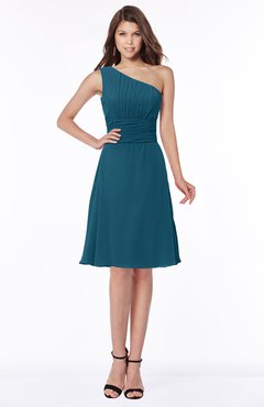 ColsBM Lilyana Moroccan Blue Romantic One Shoulder Chiffon Knee Length Pleated Bridesmaid Dresses