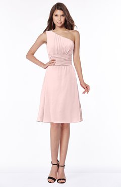ColsBM Lilyana Pastel Pink Romantic One Shoulder Chiffon Knee Length Pleated Bridesmaid Dresses