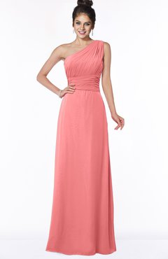 ColsBM Adalyn Coral Mature Sheath Sleeveless Half Backless Chiffon Ruching Bridesmaid Dresses