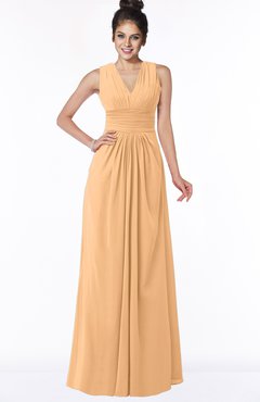 ColsBM Isla Apricot Elegant V-neck Sleeveless Chiffon Floor Length Ruching Bridesmaid Dresses