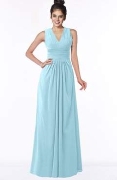 ColsBM Isla Aqua Elegant V-neck Sleeveless Chiffon Floor Length Ruching Bridesmaid Dresses