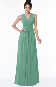 ColsBM Isla Beryl Green Elegant V-neck Sleeveless Chiffon Floor Length Ruching Bridesmaid Dresses