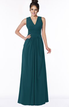 ColsBM Isla Blue Green Elegant V-neck Sleeveless Chiffon Floor Length Ruching Bridesmaid Dresses