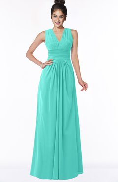 ColsBM Isla Blue Turquoise Elegant V-neck Sleeveless Chiffon Floor Length Ruching Bridesmaid Dresses